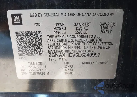 2020 Chevrolet Equinox Fwd Ls из США, поврежденный, VIN 2GNAXHEV6L6240997